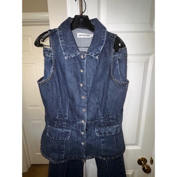 Self Portrait Denim Vest Peplum Flare Pants Set Blue Button Front Size 10 - Picture 11 of 13